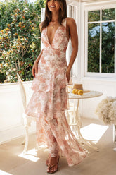 Floral V-Neck Sleeve Backless Midi Dress